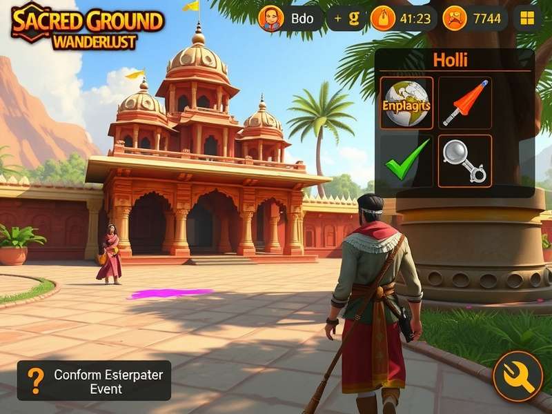 Sacred Ground Wanderlust gameplay screenshot showing character exploring Indian temple